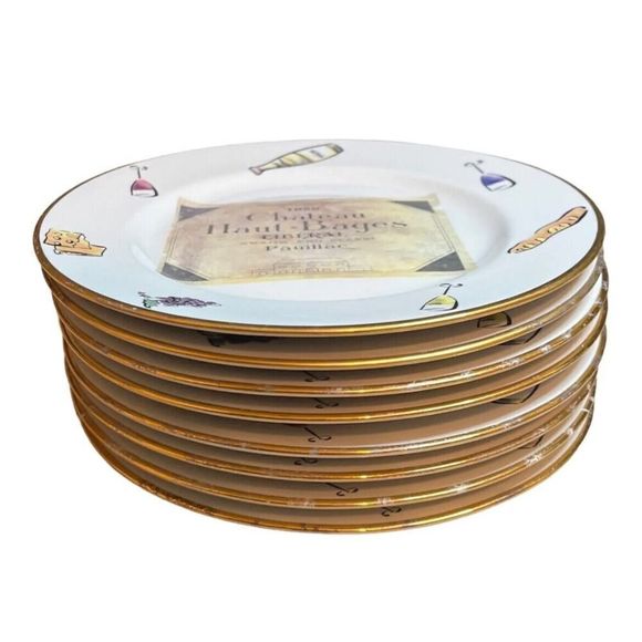 Rosanna Chateau Haut Bages & Lafaurie-Peyraguey 8 Plate Set 7” Italy Gold Rim - Picture 5 of 14